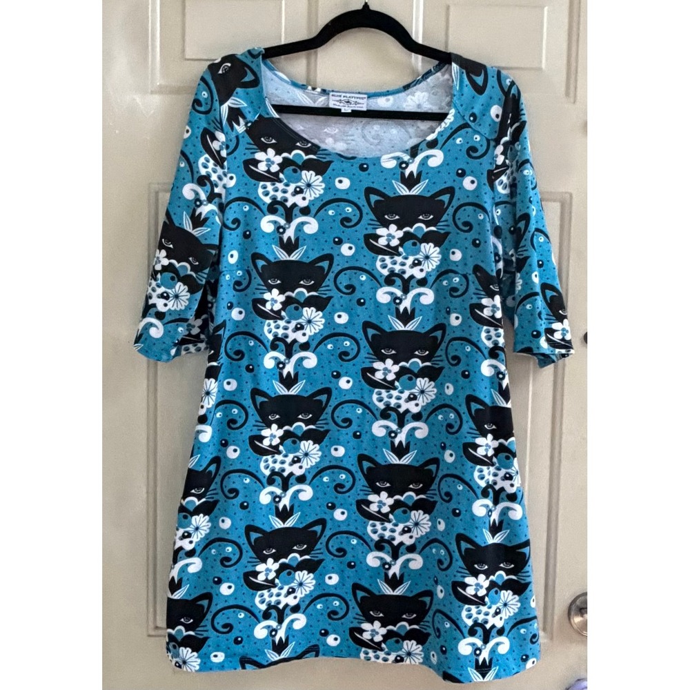Retro Style Blue Platypus Quirky Kitty Cat Floral Dress Pockets Whimsy